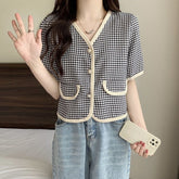 Short Sleeve Elegant Houndstooth Blouse